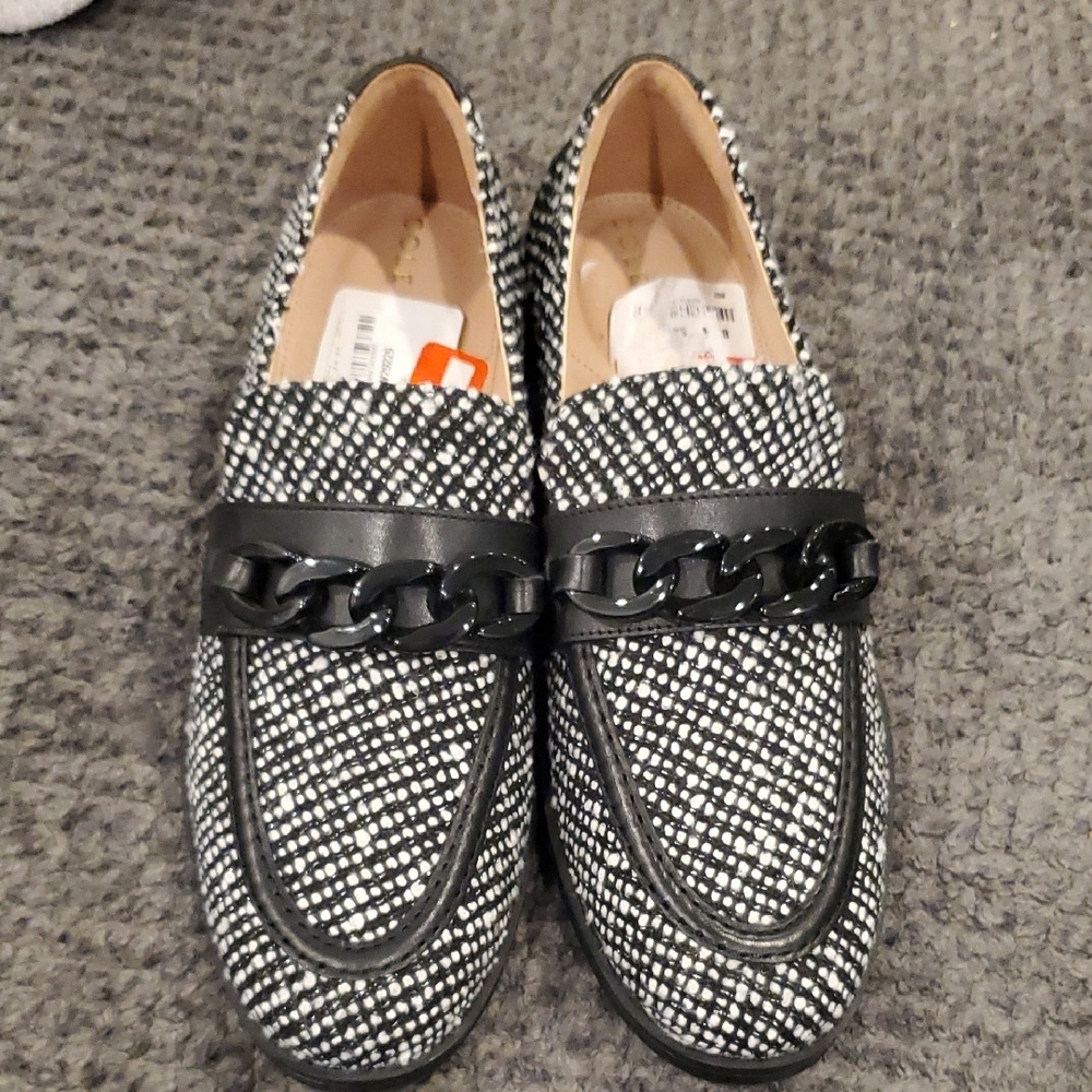 Black and White Loafers with Chain Detail
